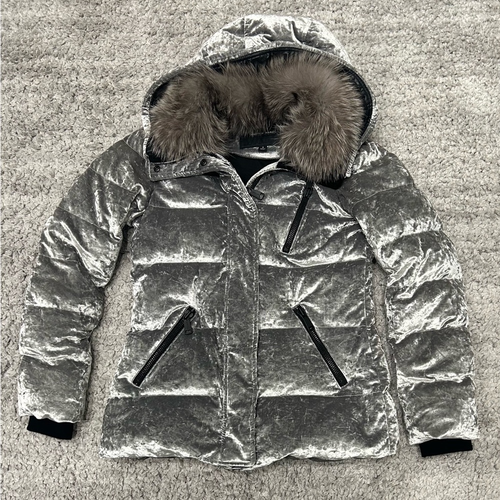 Andrew Marc Vara Crushed Velvet Down Jacket W/ Fur Hood- Small